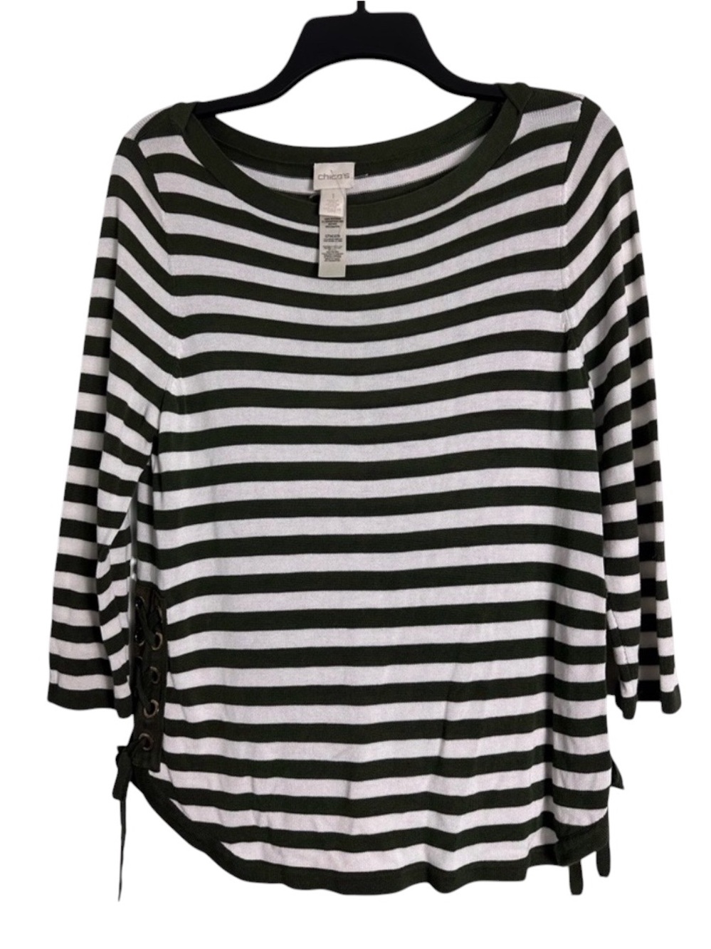 Chico's Olive and White Striped Long Sleeve Top